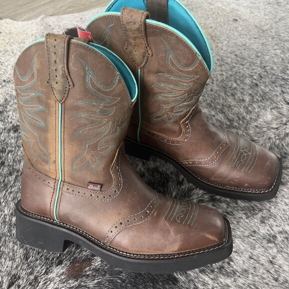 Justin Boots Gypsy Nettie Women's 9.5B Brown Teal Cowgirl Square Toe Western - Picture 1 of 5